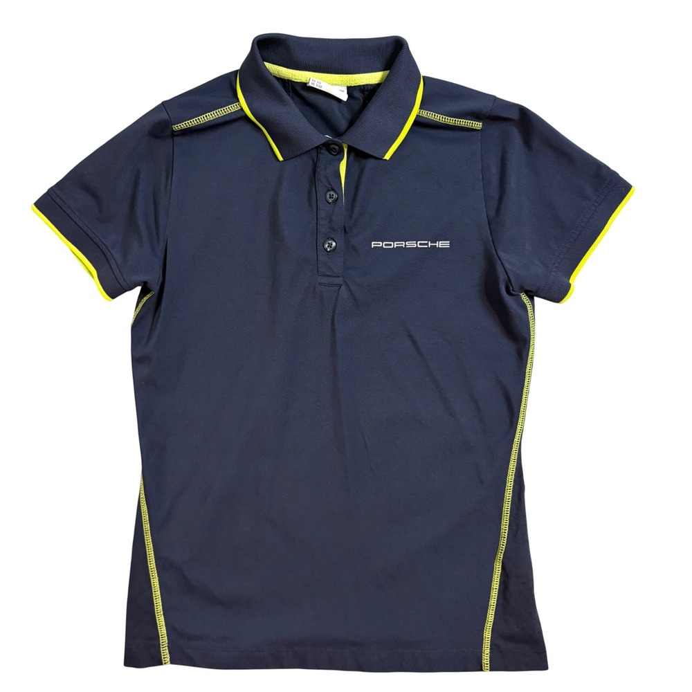 Porsche Drivers Selection Womens Polo Shirt Navy Blue Neon Yellow XXS